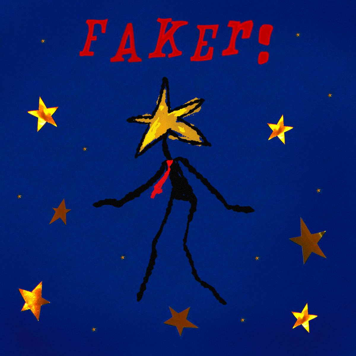 Cover art for Destinezia single Faker! featuring a star-headed figure wearing a red tie, surrounded by gold stars on a blue background.